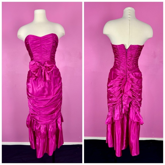 Vintage 1980s Gunne Sax Pink Barbie Bombshell Draped Strapless Party Prom Dress - Picture 2 of 10